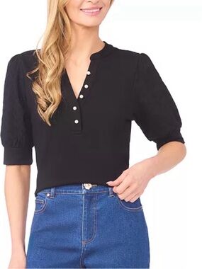 CeCe Women's Imitation Pearl Button Henley Puff 3/4-Sleeve Top